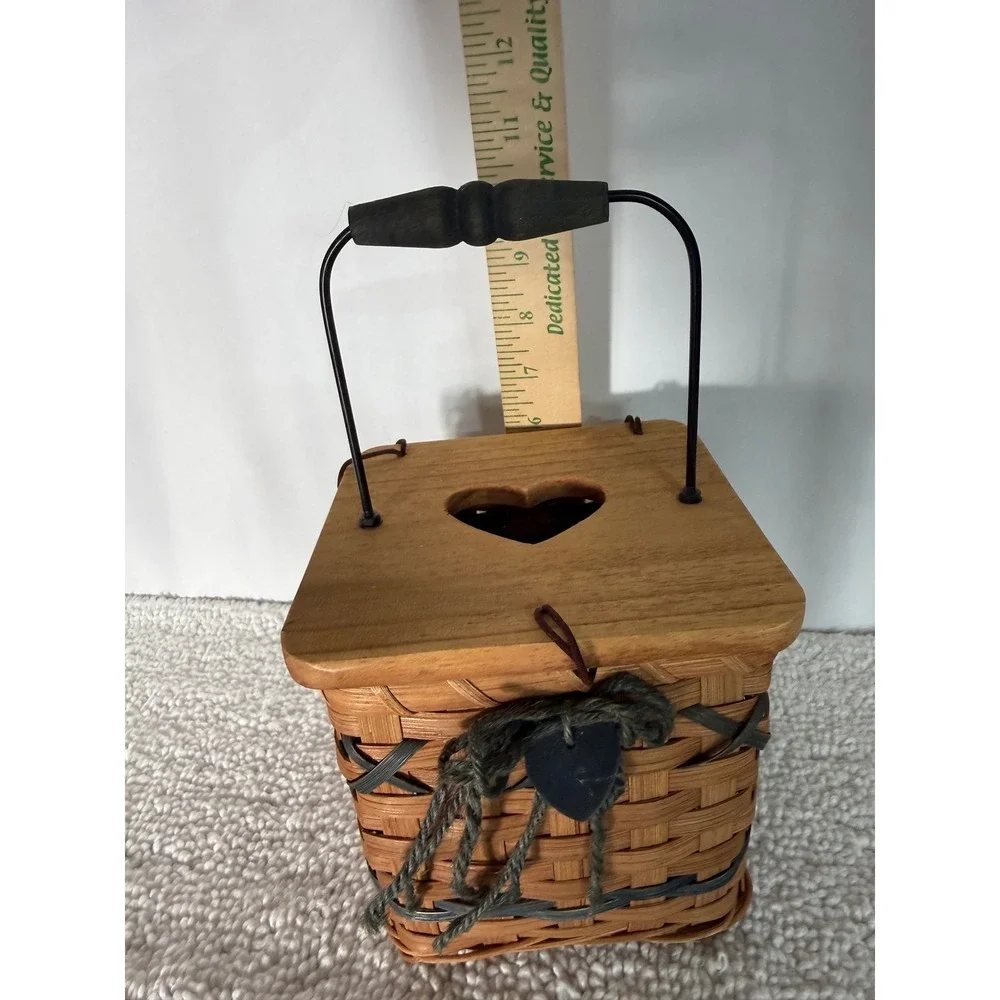 Vintage Rustic Woven Square Kleenex Basket with Wood Heart Lid and Metal Handle
